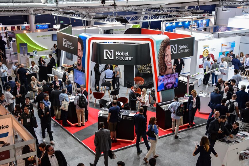 The well-attended Nobel Biocare booth on the first congress day. (Photograph: DTI)
