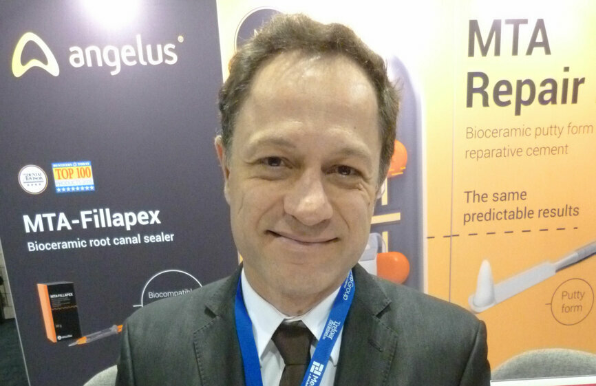 Marco Canonico in the Angelus booth, supplier of MTA Repair HP and MTA-Fillapex placement syringe.