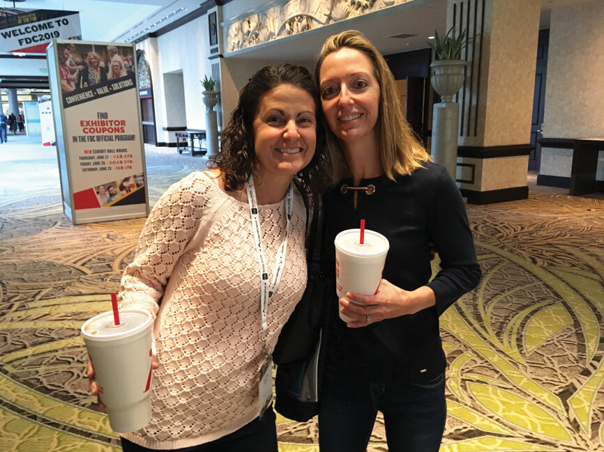 Dr. Rita Hurst of Seminole, Fla, left, and Becky Chesler of St. Petersburg, Fla., stop for a moment before heading in to enjoy the opening session on Thursday morning.