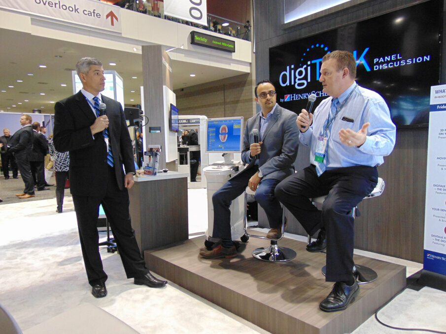 From left: Michael Porro of Henry Schein Dental leads a digiTALK presentation on the digital workflow with Dr. Meena Barsoum and Dr. Joe Favia. It was one of many digiTALKs offered throughout the day in the Henry Schein booth. (Photo: Fred Michmershuizen/Dental Tribune America)