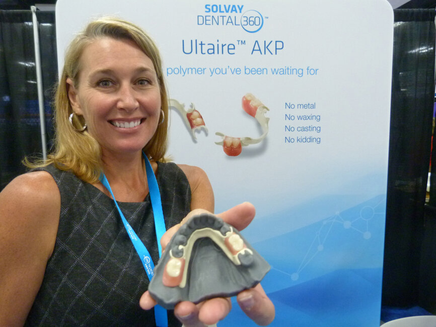 Melissa Harrelson of Solvay Dental 360 can let you see for yourself what a game-changer the company’s aryl ketone polymer is in Ultaire AKP partials. (Photo: Robert Selleck/DTA)