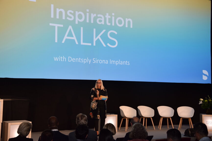 Dentsply Sirona’s Charlotte Almgren at the company’s Inspiration TALKS on the first day of the congress. (Photograph: DTI)