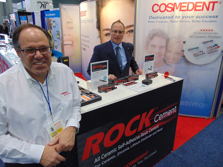 Robert Mopper, left, and Ed Matthews of Cosmedent, which is offering the new ROCK Cement and many other products.