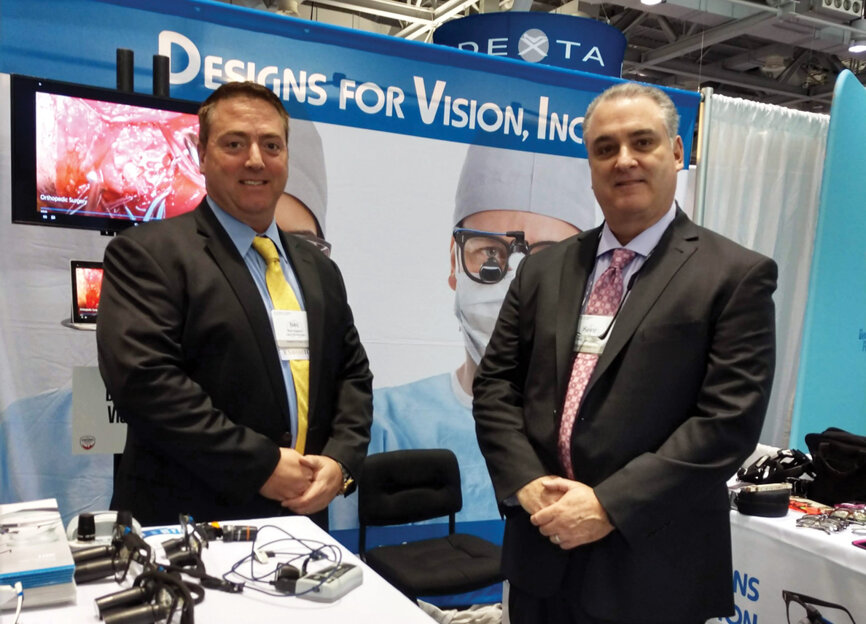 Neil Haskell, left, and Kevin Mayock can tell you all about Designs for Vision’s new loupes and headlights, including their high-definition imaging.