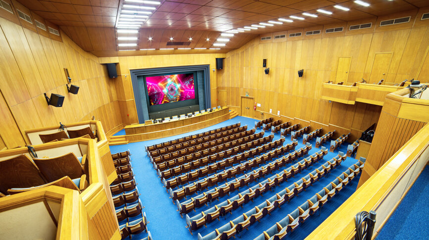 One of the first conference venues in Greece, the Eugenides Foundation Auditorium has recently undergone renovation respectful of its original architectural features.