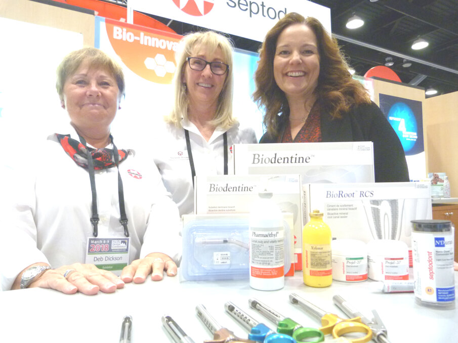 In the Septodont booth, from left: Deb Dickson, Suzanne Bourque and Manuela Robertson.