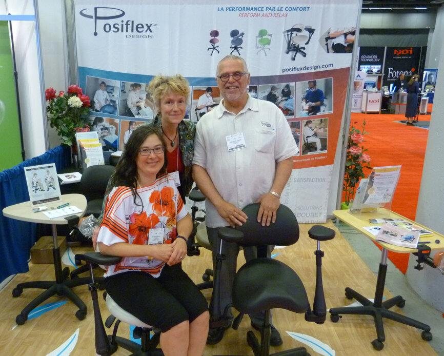 Visit the folks at Posiflex Design to see just how comfortable and career-saving an ergonomically correct working position can be. From left are Lyne Noiseux, Nadine Pesant and Sébastien Tardif.