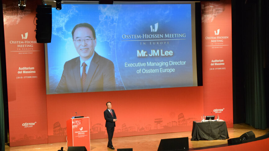 Managing director for Osstem Europe, Mr JM Lee, welcomes attendees to the event in Rome on 28 October and shares interesting statistics about the company. (Image: Dental Tribune International) 