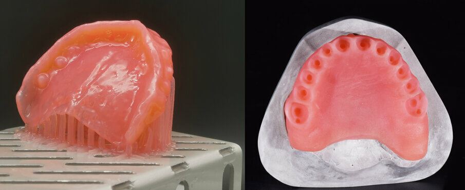 Figs. 15a & b: Printing of the denture base for the maxilla (SolFlex 170 HD & V-Print dentbase).
