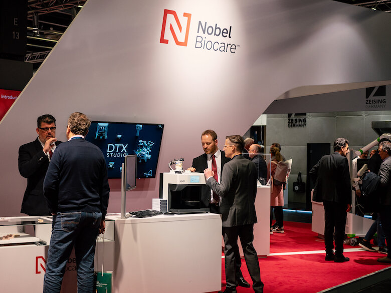 The Nobel Biocare booth showing the new Nobel Biocare logo. (Photograph: Tom Carvalho, DTI)
