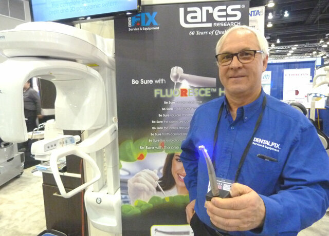 Brad Cox of Dental Fix Rx, the exclusive distributor in Canada of the Fluoresce HD handpiece by Lares Research, is ready to demonstrate the dual-wavelength feature. The light on the handpiece shows caries, restorations and healthy dentin as different colors.