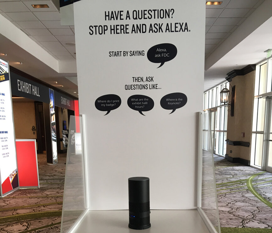 Scattered around the Gaylord Palms Convention Center, Amazon Echos aid attendees of the FDC by answering any questions they may have concerning the meeting.