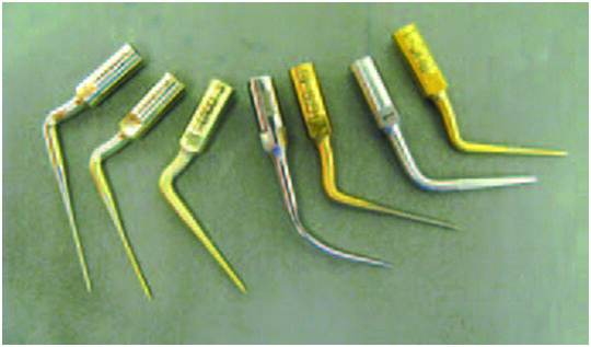 Figure 3. A selection of ultrasonic tips with contra-angled designs & different lengths to enable removal of dentine from the root canal system and facilitate instrument removal.