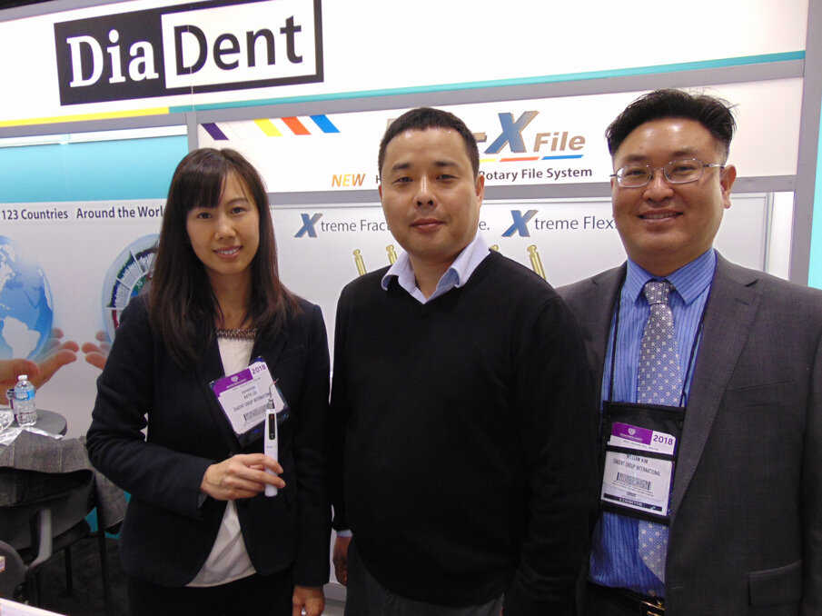 From left: Katie Liu, Steve Kim and William Kim of DiaDent Group Int’l. (Photo: Fred Michmershuizen/Dental Tribune America)