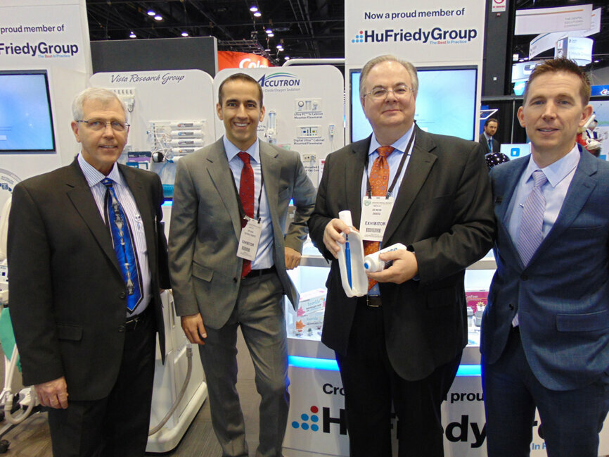 As announced at the Midwinter Meeting, Crosstex is now a member of the Hu Friedy Group. From left: Chris Wilson, Jeff Heinz, Joe Mayne and Stephan Nugent.