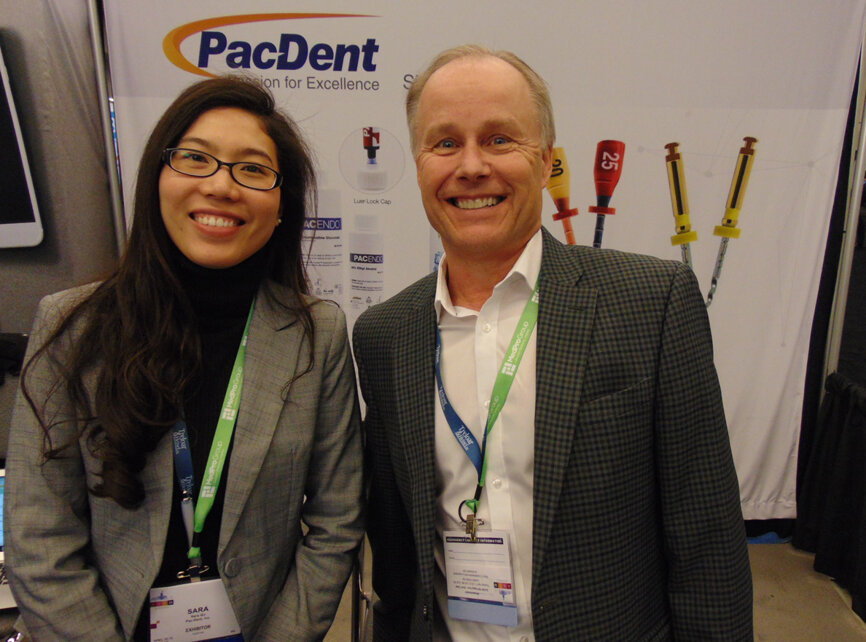 Sara Qu, left, and Michael Nordahl of Pac-Dent. (Photo: Fred Michmershuizen/Dental Tribune America)