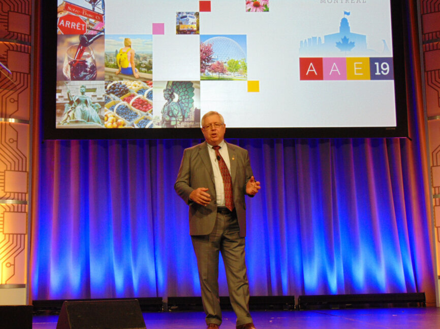 AAE President Dr. Patrick E. Taylor addresses AAE19 attendees during the opening session. (Photo: Fred Michmershuizen/Dental Tribune America)
