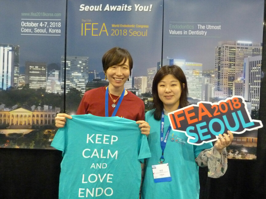 Register for the 11th annual World Endodontic Congress, which will be Oct. 4-7, 2018, in Seoul, Korea, and you get a free International Federation of Endodontic Associations T-shirt. From left are Ria Park and Jace Lee of the Seoul chapter of IFEA.