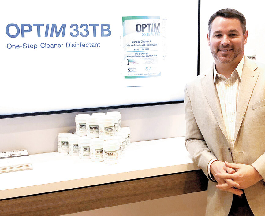 Alex Earnshaw, in the SciCan booth, can explain the many benefits of OPTIM 33TB, frequently confirming that, yes, this cleaning and disinfecting wipe does kill coronavirus.