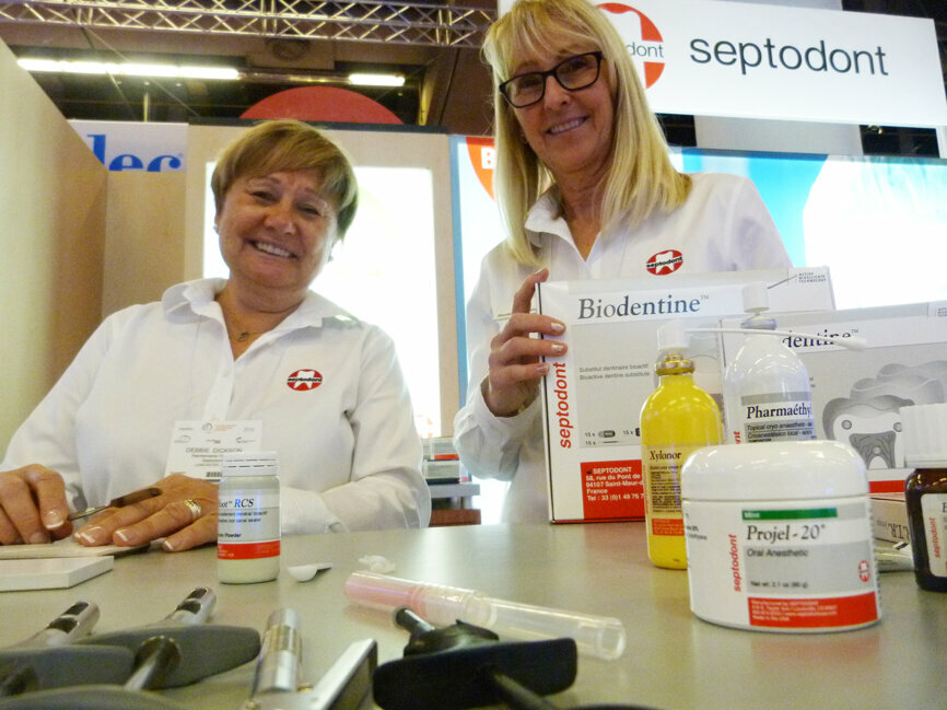 From left, Deb Dickson and Suzanne Bourque in the Septodont booth.