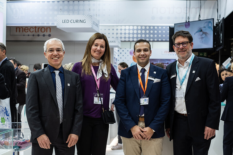 The Mectron Team on IDS 2019. From left to right: Dr. Massimo Lemetti (CEO), Paola Minoia (Marketing), Hossam Ghaly (Area Sales Manager MEA) and Andre Reinhold (Marketing Manager)