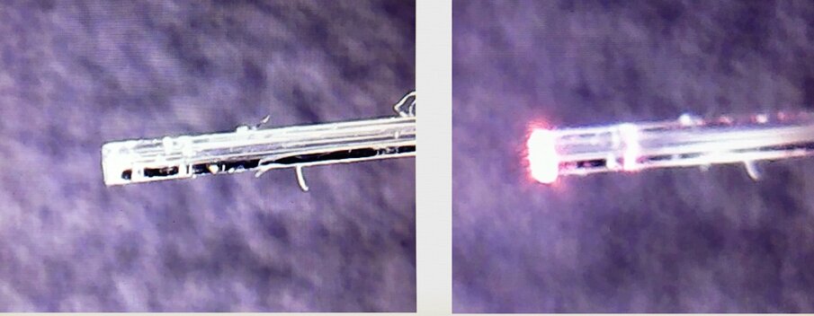 Fig. 4 - Ingrandimenti di verifica dopo un’attivazione corretta. A laser spento e  con la luce guida. Il cladding è leggermente arretrato.