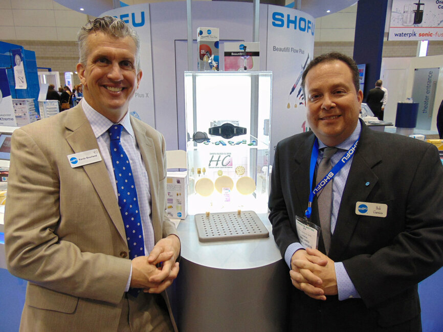 Kevin Bourland, left, and Bob Garnica of Shofu Dental Corp. (Photo: Fred Michmershuizen/Dental Tribune America)