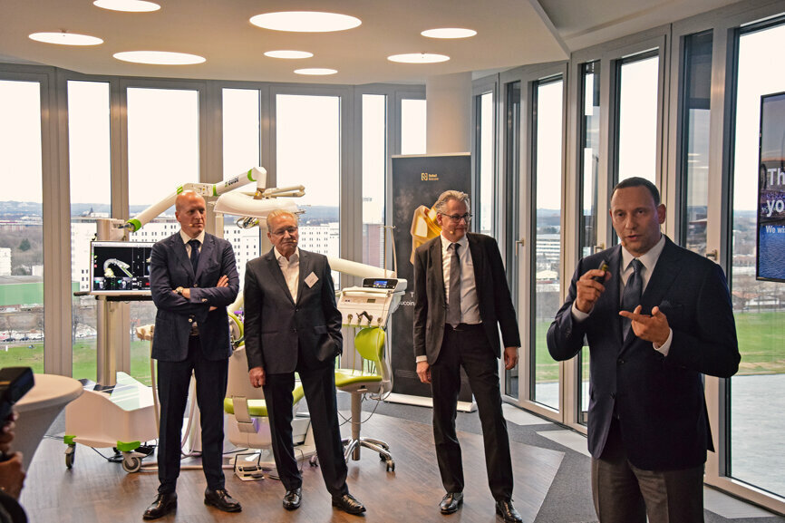 From left to right: Prof. Stefan Holst,  Vice President Global Research, Products and Marketing at Nobel Biocare; Dr Axel Kirsch, Principal Managing Partner at LOGON; Dr Pascal Kunz, Vice President Digital Solutions at Nobel Biocare; and Hans Geiselhöringer, President and CEO of Nobel Biocare. (Photograph: Brendan Day, DTI)